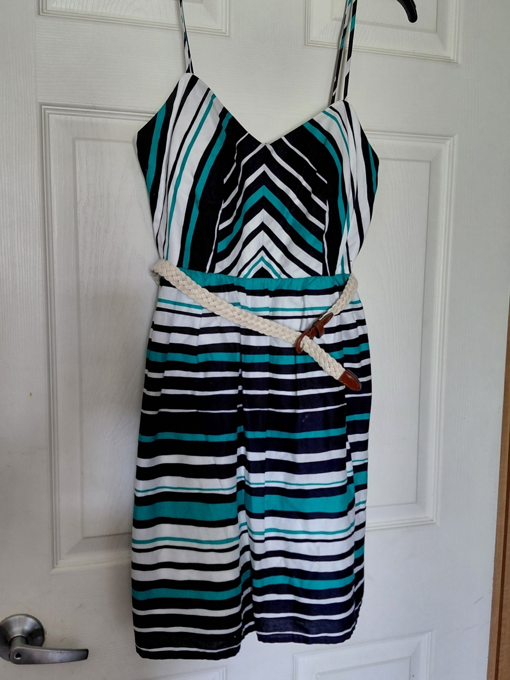 City Triangles Teal, Black & White Striped Midi Dress